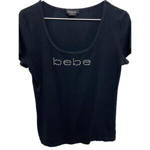 0824 bebe Beaded Logo Scoop Neck Short Sleeve Top Black